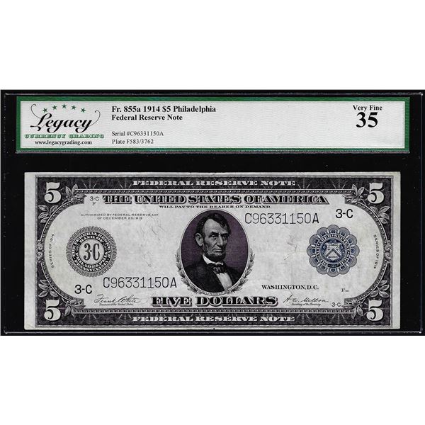 1914 $5 Federal Reserve Note Philadelphia Fr.855a Legacy Very Fine 35