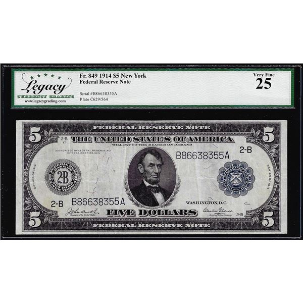 1914 $5 Federal Reserve Note Fr.238 Legacy Very Fine 25