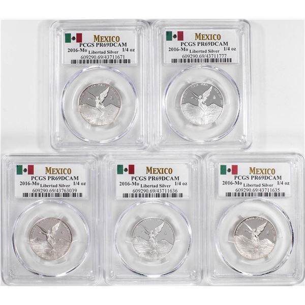 Lot of (5) 2016-Mo Mexico Proof 1/4 oz Silver Libertad Coins PCGS PR69DCAM