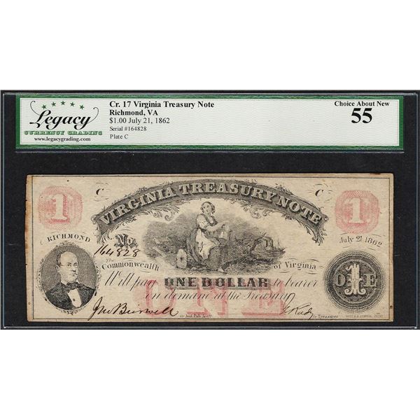 1862 $1 Virginia Treasury Note Richmond Obsolete Note Cr.17 Legacy Ch. About New 55