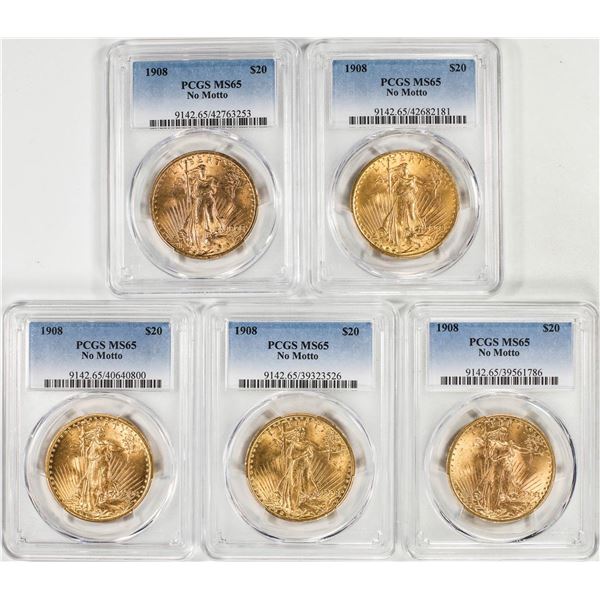 Lot of (5) 1908 No Motto $20 St. Gaudens Double Eagle Gold Coins PCGS MS65