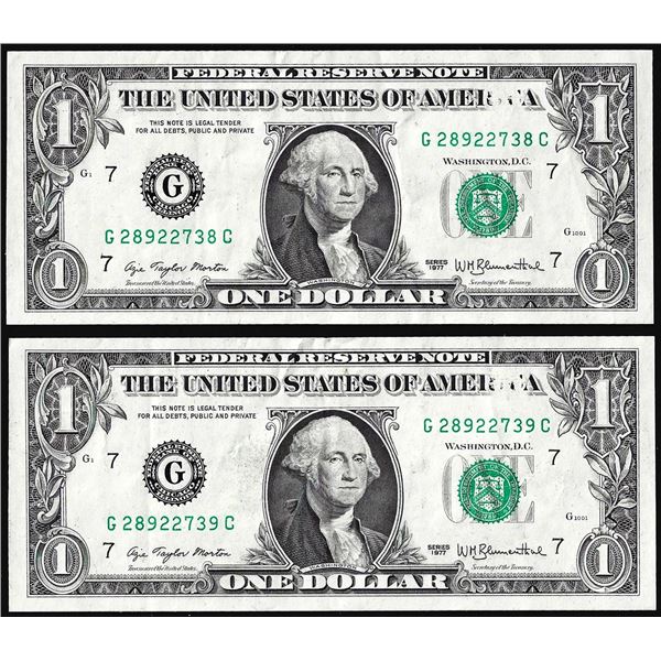 Lot of (2) Consecutive 1977 $1 Federal Reserve Obstructed Overprint Error Notes