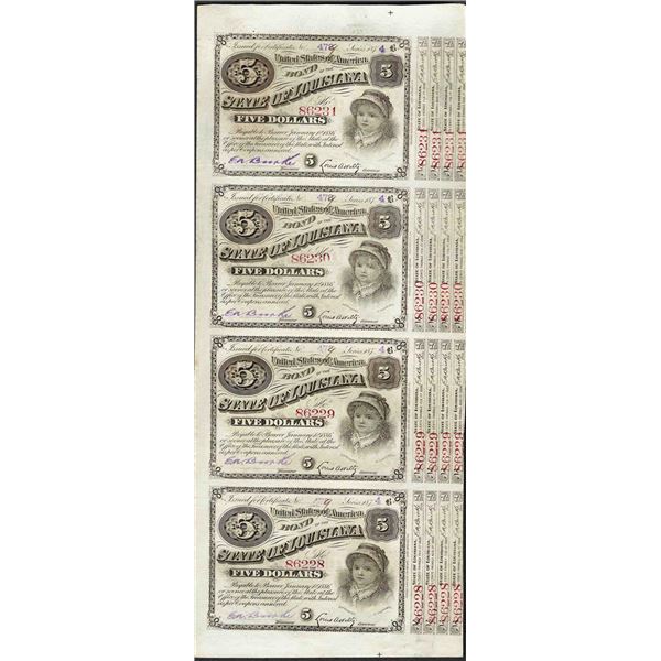 Uncut Sheet of (4) State of Louisiana Baby Bond Obsolete Notes