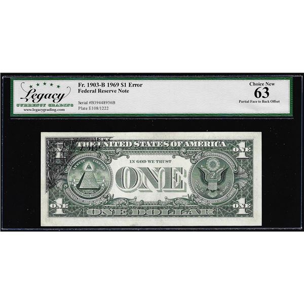 1969 $1 Federal Reserve Note Partial Face to Back Offset Error Legacy Choice New 63
