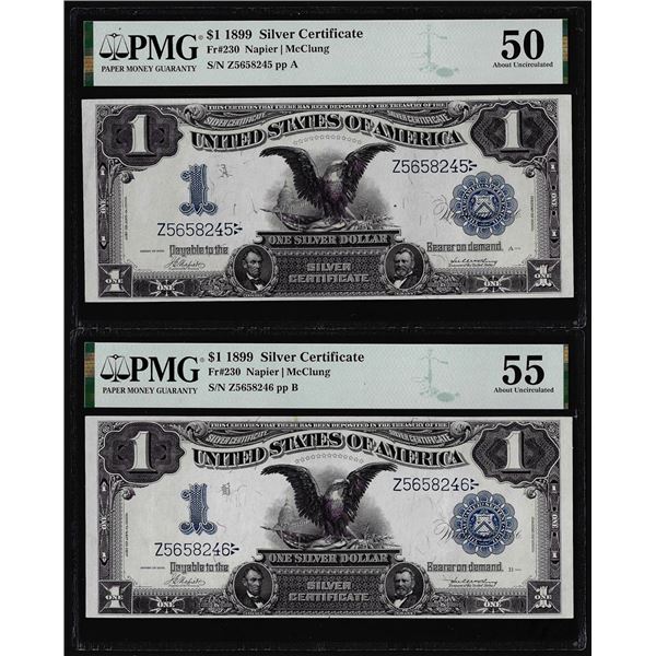 (2) Consec. 1899 $1 Black Eagle Silver Certificate Notes PMG About Uncirculated 50/55
