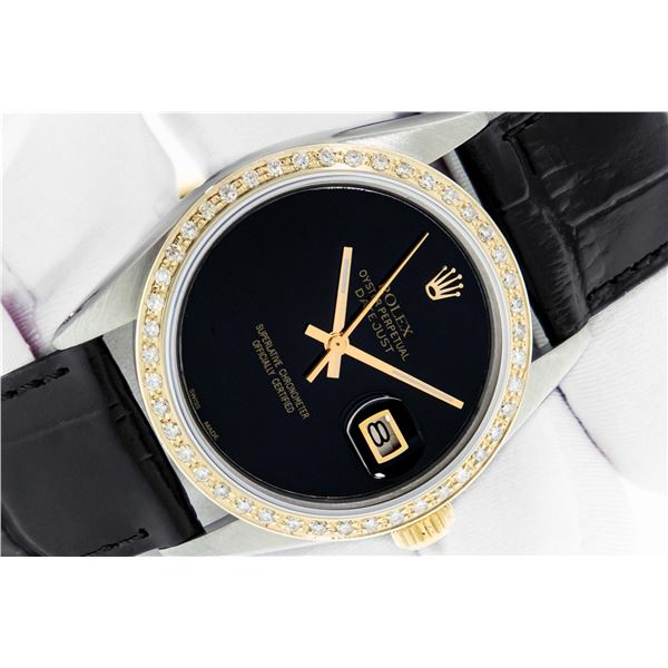 Rolex Men's Two Tone Diamond Black Onyx Datejust Wristwatch with Leather Band