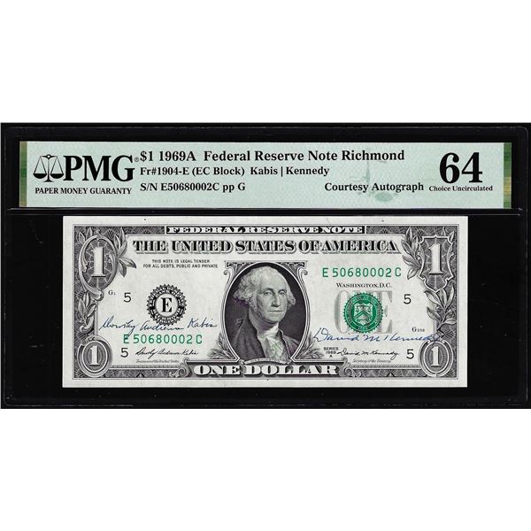1969A $1 Federal Reserve Note PMG Choice Uncirculated 64 Dual Courtesy Autograph