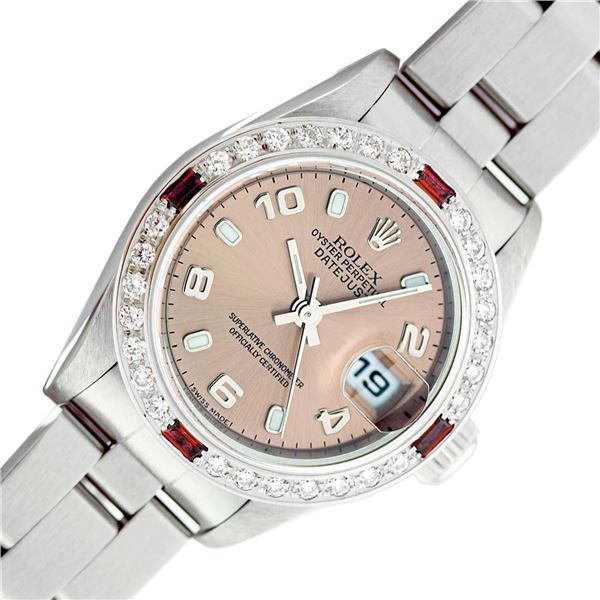 Rolex Ladies Stainless Steel Salmon Arabic Diamond and Ruby Datejust Wristwatch