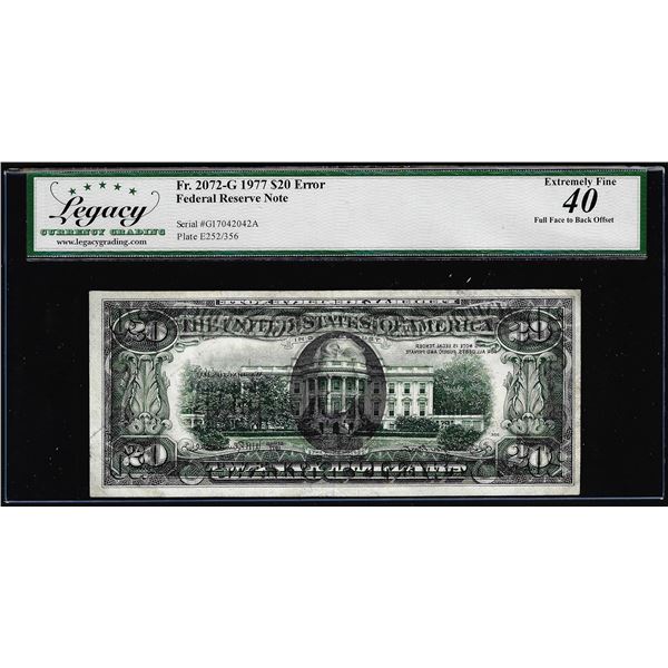 1977 $20 Federal Reserve Note Full Back to Face Offset Error Legacy Extremely Fine 40