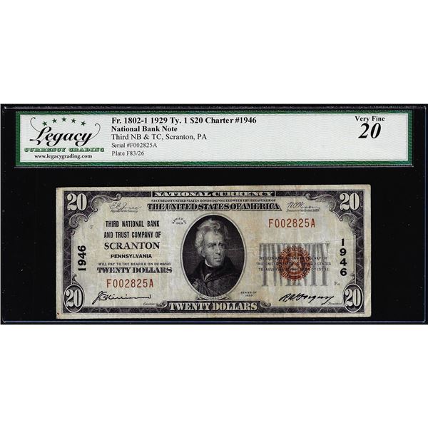 1929 $20 NB Scranton, PA CH# 1946 National Currency Note Legacy Very Fine 15