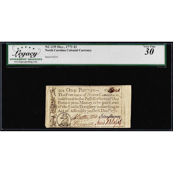 December 1771 One Pound North Carolina Colonial Note NC-139 Legacy Very Fine 30
