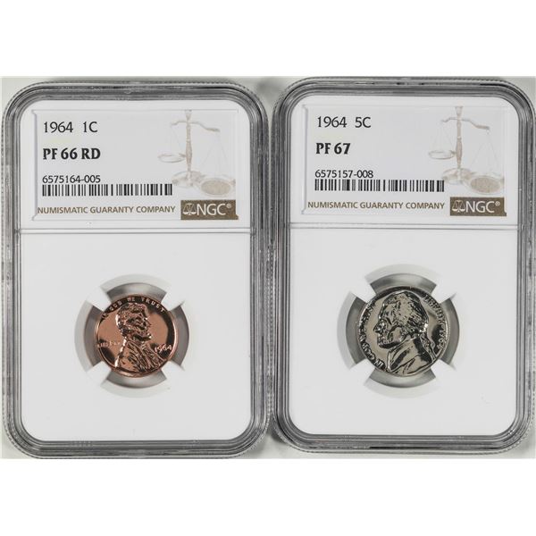 Lot of 1964 Proof Lincoln Wheat Cent and Jefferson Nickel Coins NGC PF66RD/PF67