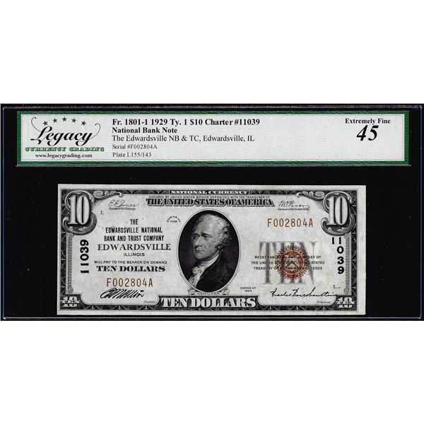 1929 $10 Edwardsville, IL CH# 11039 National Currency Note Legacy Extremely Fine 45