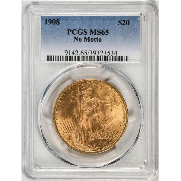 1908 No Motto $20 St. Gaudens Double Eagle Gold Coin PCGS MS65