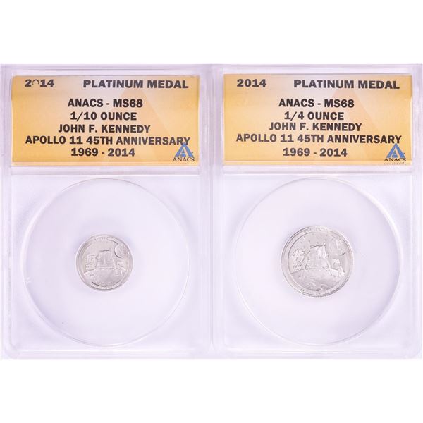 Set of 2014 Proof 1/10 & 1/4 oz Platinum JFK Apollo 11 Anniversary Medals ANACS MS68