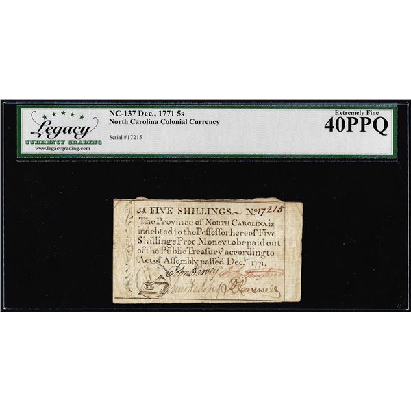 December 1771 5 Shillings North Carolina Colonial Note Legacy Extremely Fine 40PPQ