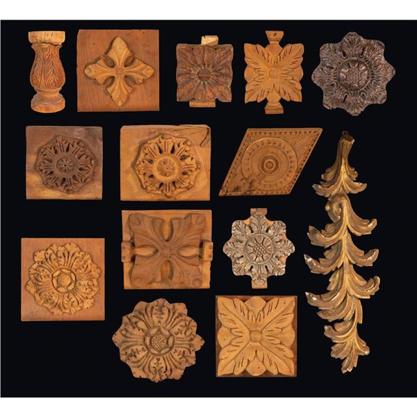 A GROUP OF 14 OA MASTER PATTERN FLORAL ORNAMENTAL CARVINGS.