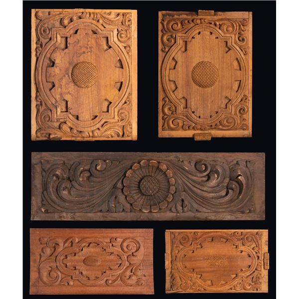 A GROUP OF 5 OA MASTER PATTERNS - HAWAIIAN HOTEL PINEAPPLE ACCENT PANEL CARVINGS.