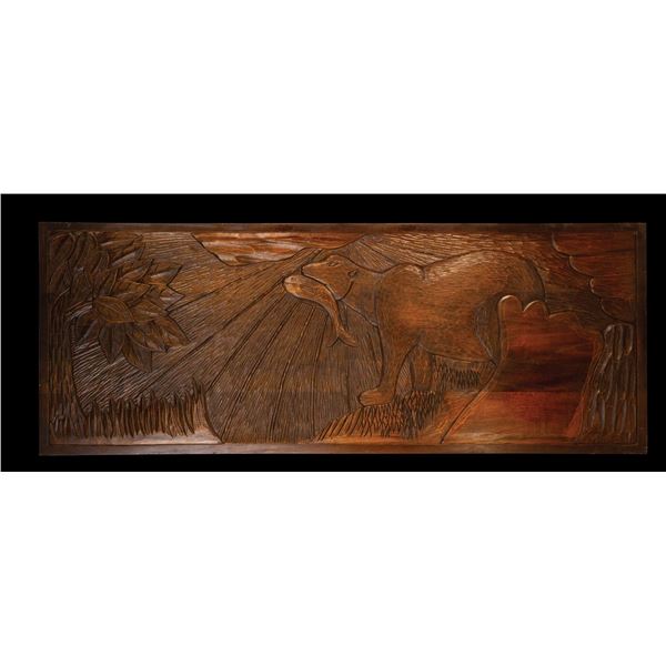 ECUADORIAN BEAR WITH FISH MAHOGANY WALL PANEL.