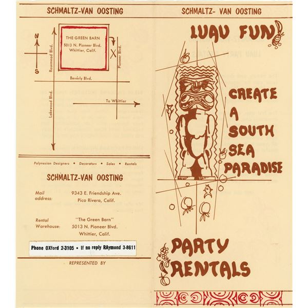 VERY EARLY SCHMALTZ & VAN OOSTING PARTY RENTALS FOLD OUT BROCHURE.