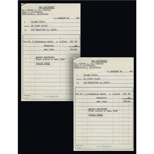 EARLY SCHMALTZ-VAN OOSTING INVOICES TO TRADER VIC'S.