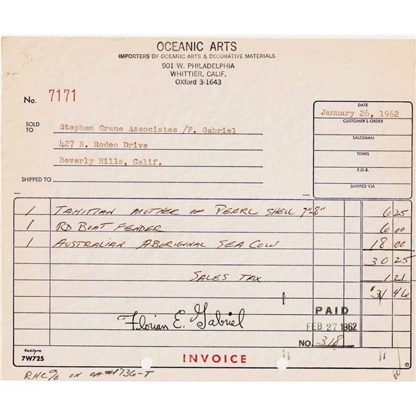 OCEANIC ARTS STEPHEN CRANE/FLORIAN GABRIEL SIGNED INVOICE.