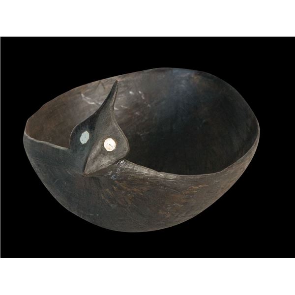 NENDO, SOLOMON ISLANDS BLACK BIRD CUP WITH SHELL INLAY EYES.