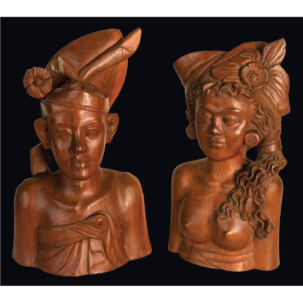 PAIR OF BALINESE WOOD BUSTS.