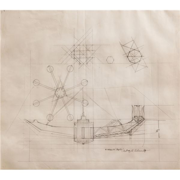 SET OF TWO (2) ORIGINAL DESIGN SKETCHES OF A MASSIVE CUSTOM OCEANIC ARTS TIKI CHANDELIER.