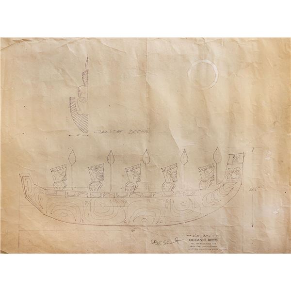 ORIGINAL DESIGN DRAWING OF THE FAMOUS OA TAHITIAN WAR CANOE WALL DECOR BLUEPRINT.