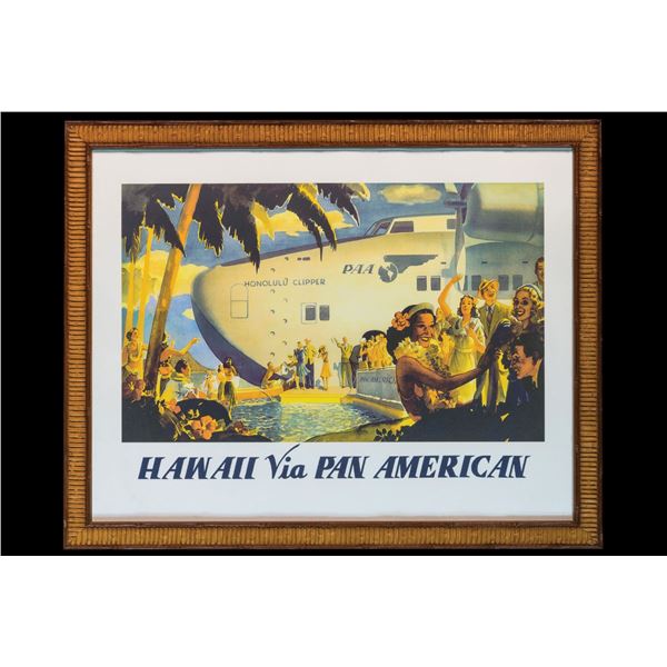 HAWAII VIA PAN AMERICAN - HONOLULU CLIPPER POSTER REPRINT IN FRAME.
