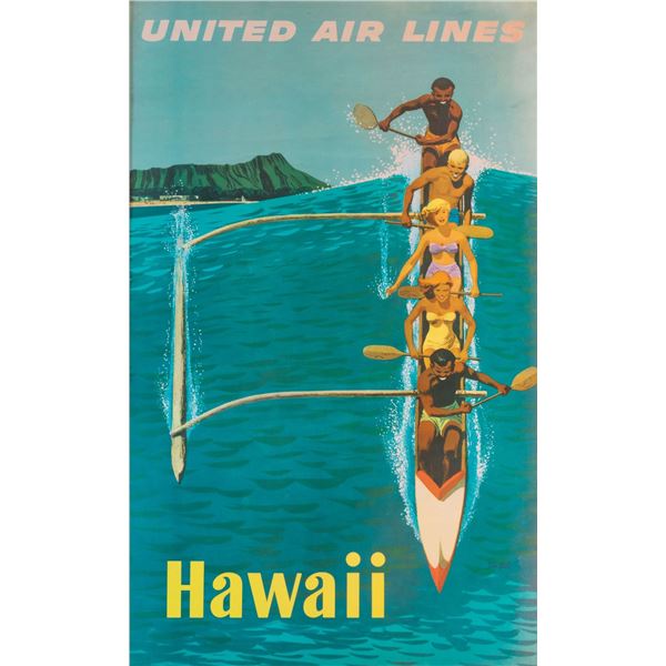 UNITED AIRLINES HAWAII "OUTRIGGER" TRAVEL POSTER BY STAN GALLI.