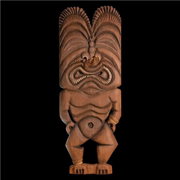 #487 "HAWAIIAN WAR GOD SHIELD" FIGURAL TIKI WALL PANEL CARVING.