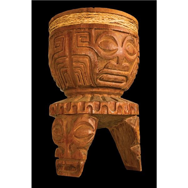 DETAILED VINTAGE MARQUESAN CEREMONIAL DRUM - TRI FACE LEGS.