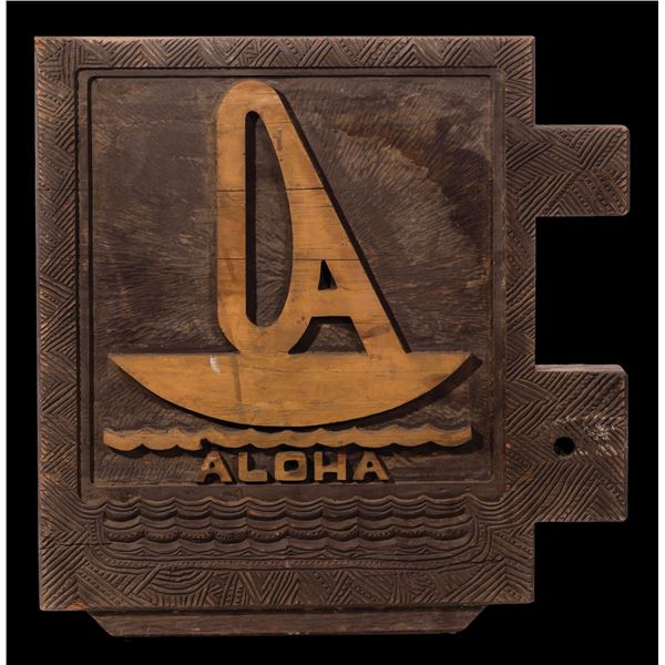INCREDIBLE CARVED OCEANIC ARTS "ALOHA" LOGO ENTRANCE MARQUEE SIGN.