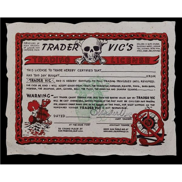 TRADER VIC'S TRADER LICENSE - COSMO PLACE, SAN FRANCISCO.
