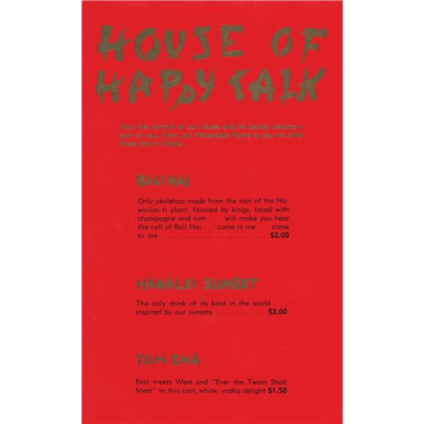 DORIAN'S, WHITTIER, CA - HOUSE OF HAPPY TALK DRINK TABLE TENT.