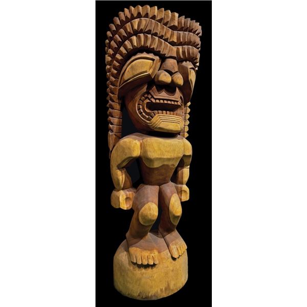 GIANT HAWAIIAN KU GOD FIGURE CARVING ON BASE.