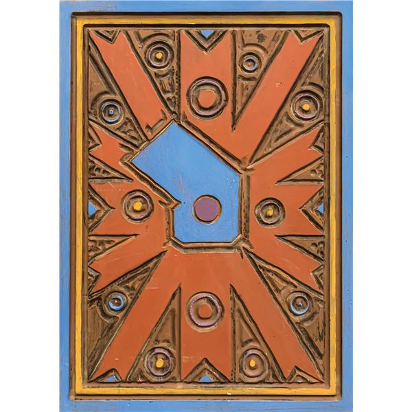 LEROY SCHMALTZ - ORANGE AND BLUE ABSTRACT CARVED PAINTING.