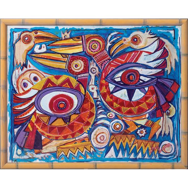 LEROY SCHMALTZ - "A GATHERING - TROPICAL BIRD STUDY" ACRYLIC ON BOARD.