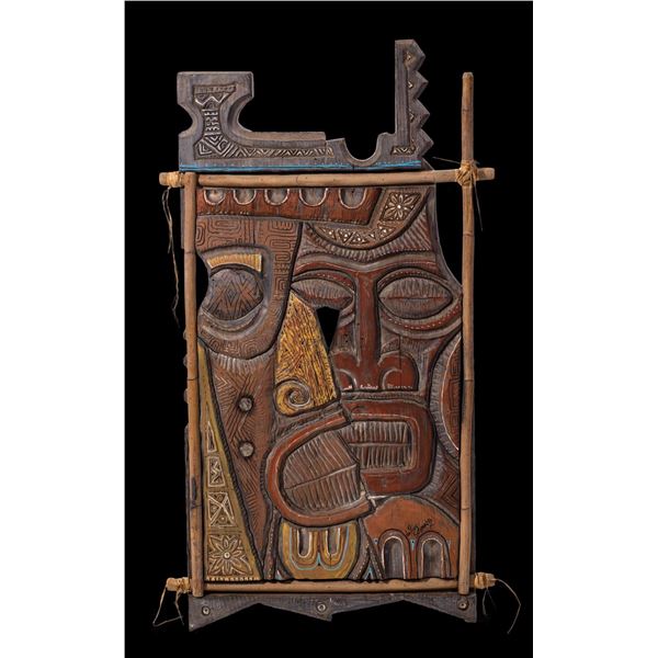 LEROY SCHMALTZ - "TIKI CONJOIN" MODERNIST CARVED PAINTING.