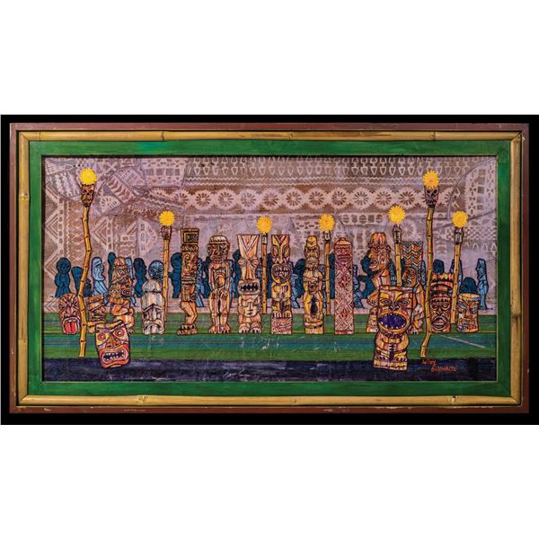 LEROY SCHMALTZ - LARGE TIKI COLLAGE ASSEMBLAGE PAINTING.