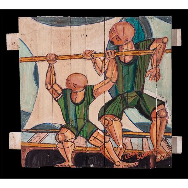 LEROY SCHMALTZ - "GET A GRIP" ACRYLIC PAINTING ON ASSEMBLED WOOD PLANKS.