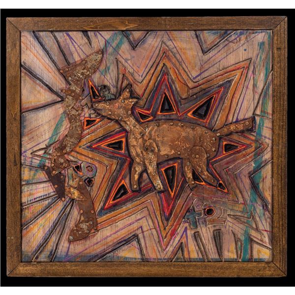 LEROY SCHMALTZ - "OLD RIN-TIN-TIN" MIXED MEDIA COLLAGE PAINTING.