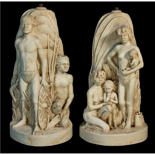 A PAIR OF RESIN MAORI WARRIOR FAMILY LAMP BASE PROTOTYPES.