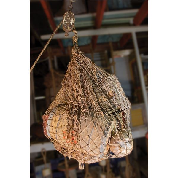 OA NAUTICAL SHOWROOM DISPLAY - SHIP'S CARGO NET PROP WITH SUPPLIES AND PULLEY.
