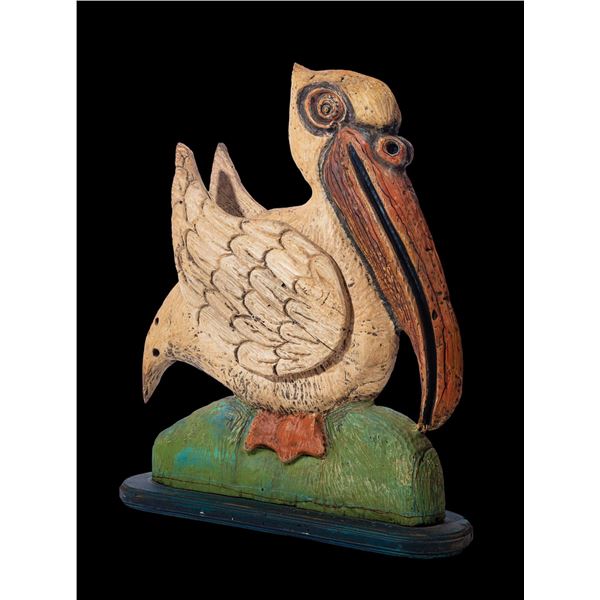 RUSTIC SEA PELICAN WOOD CARVING ON BASE BY LEROY SCHMALTZ.