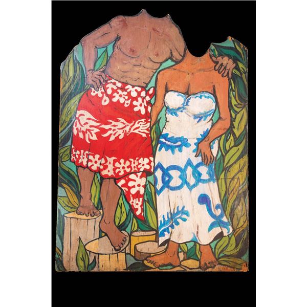 LARGE HAWAIIAN LUAU COUPLE TIKI PHOTO-OP FLAT LUAU DECOR PANEL.