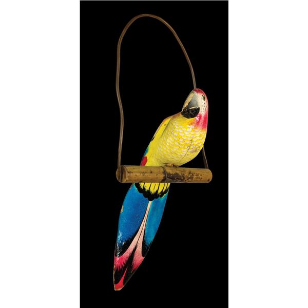 OA LUAU RENTAL DEPARTMENT YELLOW BELLY HANGING PERCHED McCAW PARROT.