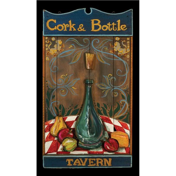 OA CARVED "CORK & BOTTLE TAVERN" SIGN.